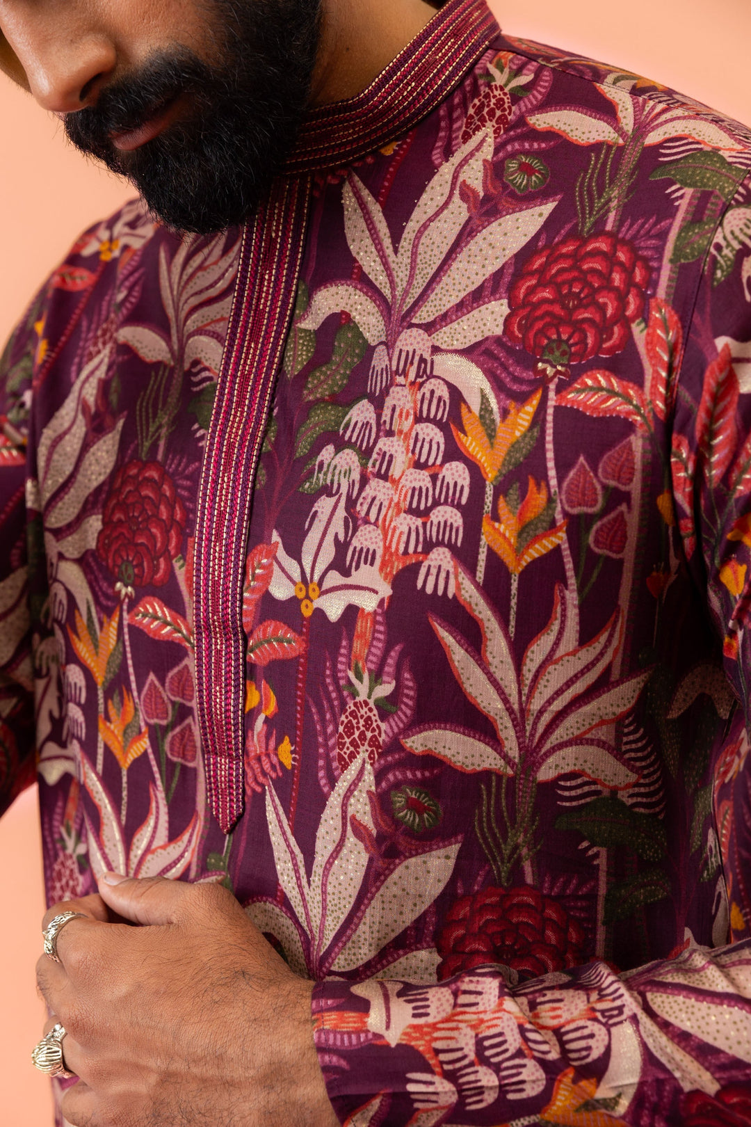 Maroon Silk Blend Kurta with Multicolor Floral Prints and Mandarin Collar | SHOBITAM