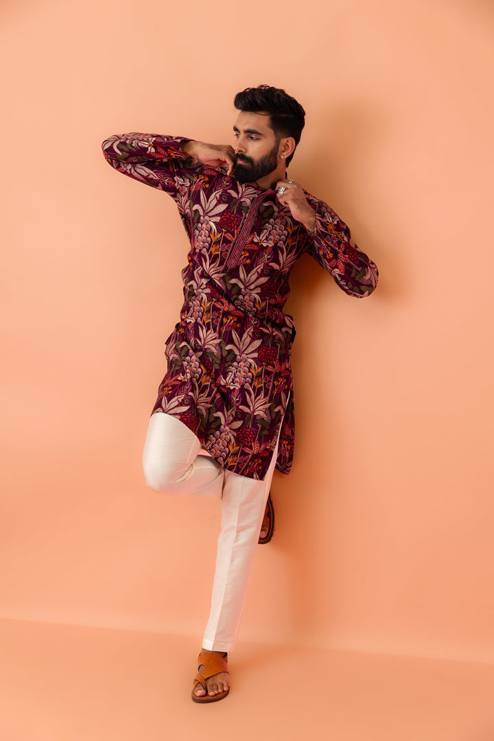 Maroon Silk Blend Kurta with Multicolor Floral Prints and Mandarin Collar | SHOBITAM