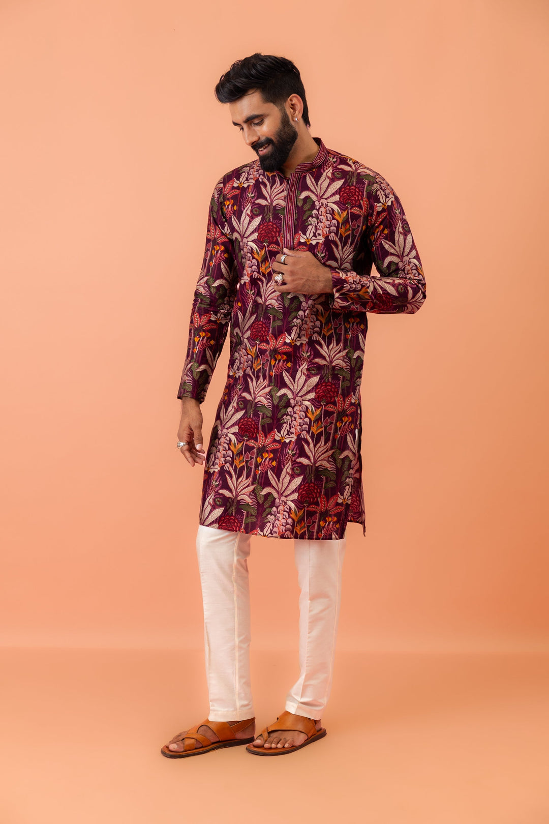 Maroon Silk Blend Kurta with Multicolor Floral Prints and Mandarin Collar | SHOBITAM