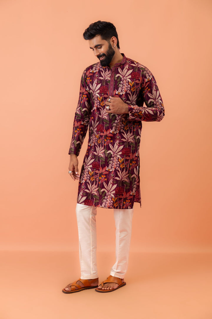 Maroon Silk Blend Kurta with Multicolor Floral Prints and Mandarin Collar | SHOBITAM