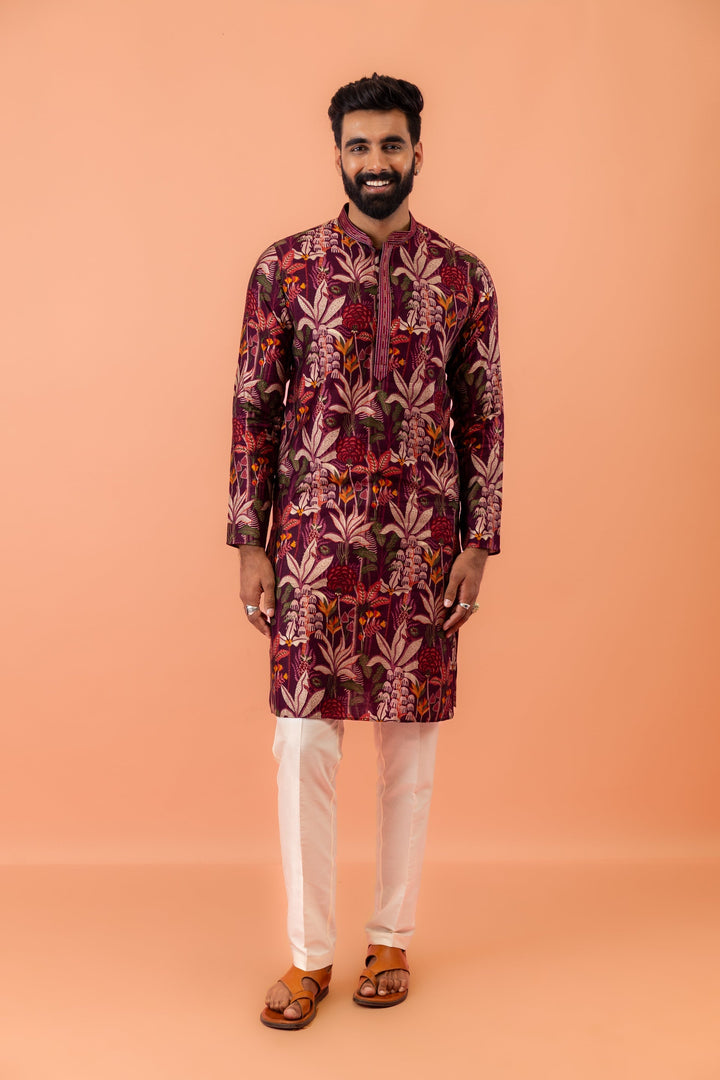 Maroon Silk Blend Kurta with Multicolor Floral Prints and Mandarin Collar | SHOBITAM