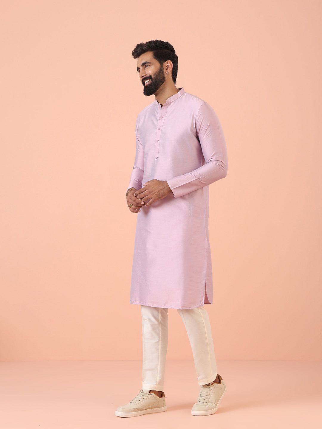 Men Pink Regular Fit Solid Kurta | SHOBITAM