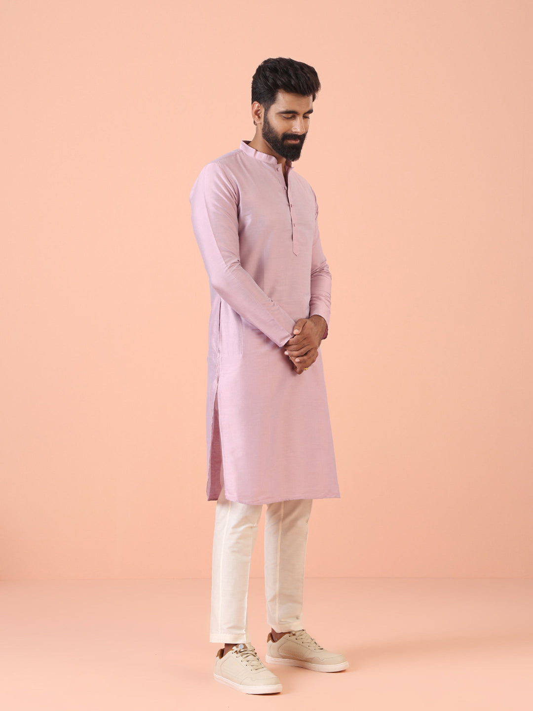 Men Pink Regular Fit Solid Kurta | SHOBITAM