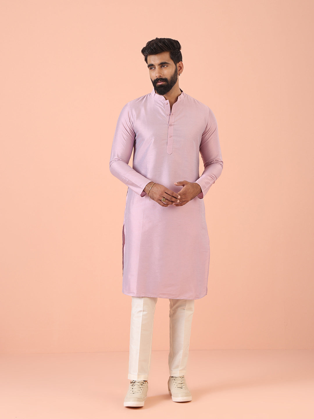 Men Pink Regular Fit Solid Kurta | SHOBITAM
