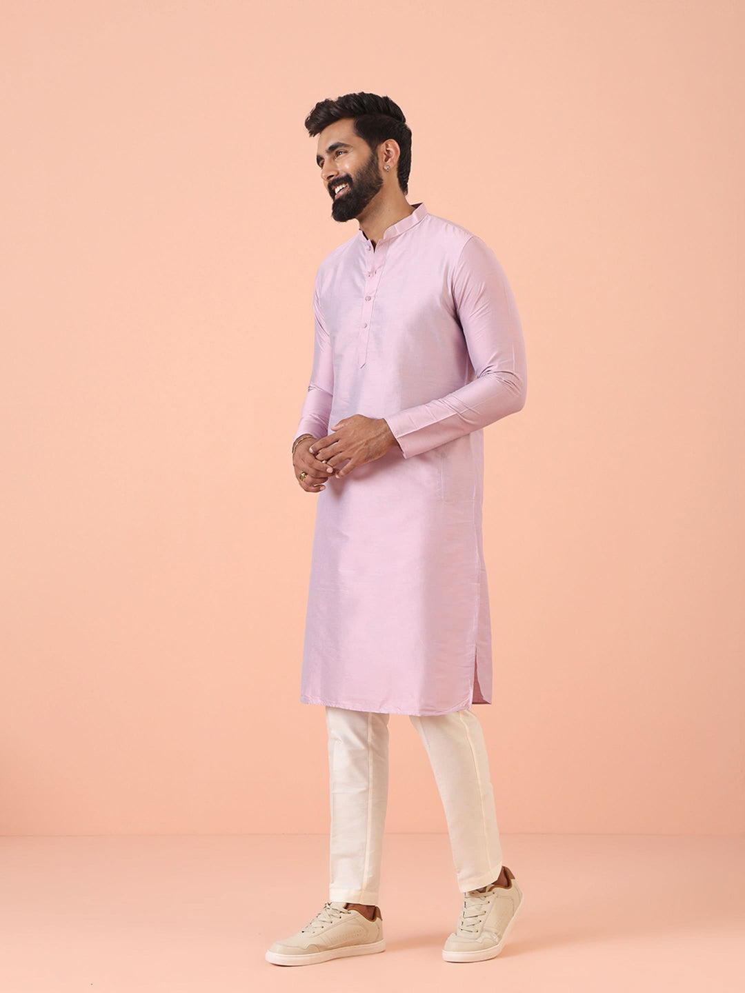 Men Pink Regular Fit Solid Kurta Trouser Set | SHOBITAM