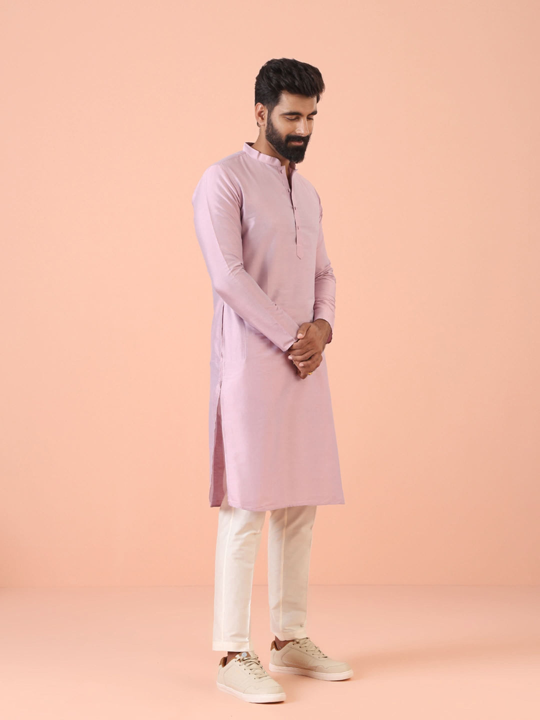 Men Pink Regular Fit Solid Kurta Trouser Set | SHOBITAM