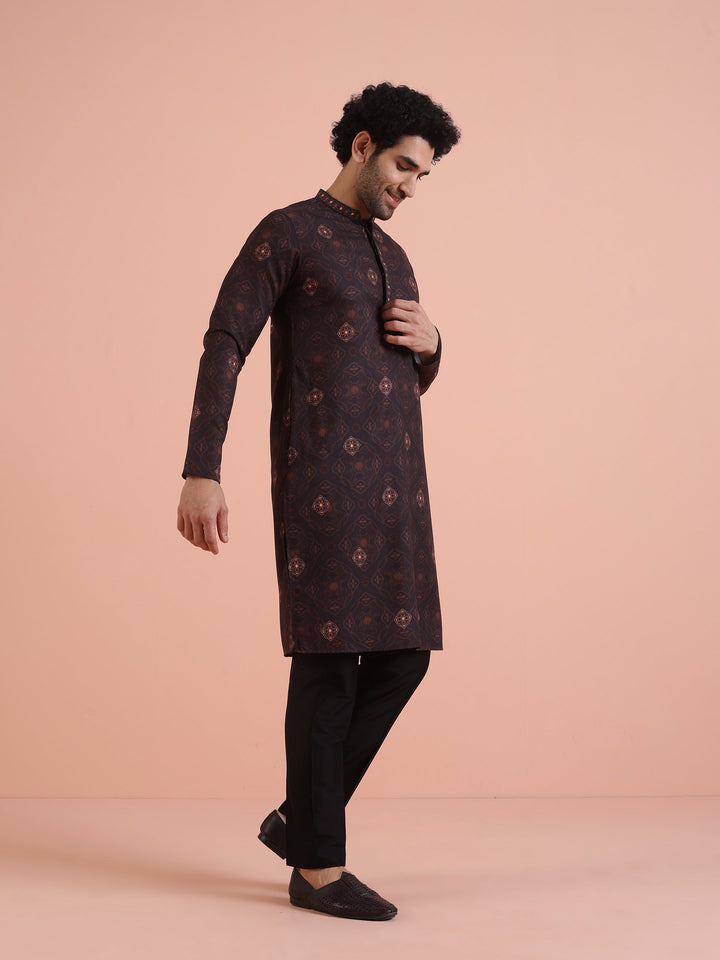 Men Black Printed Geometric Kurta | SHOBITAM