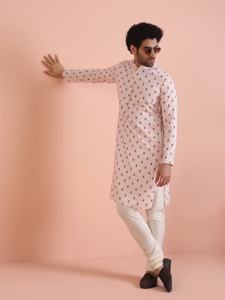 Men White Printed Floral Kurta Churidar Set | SHOBITAM