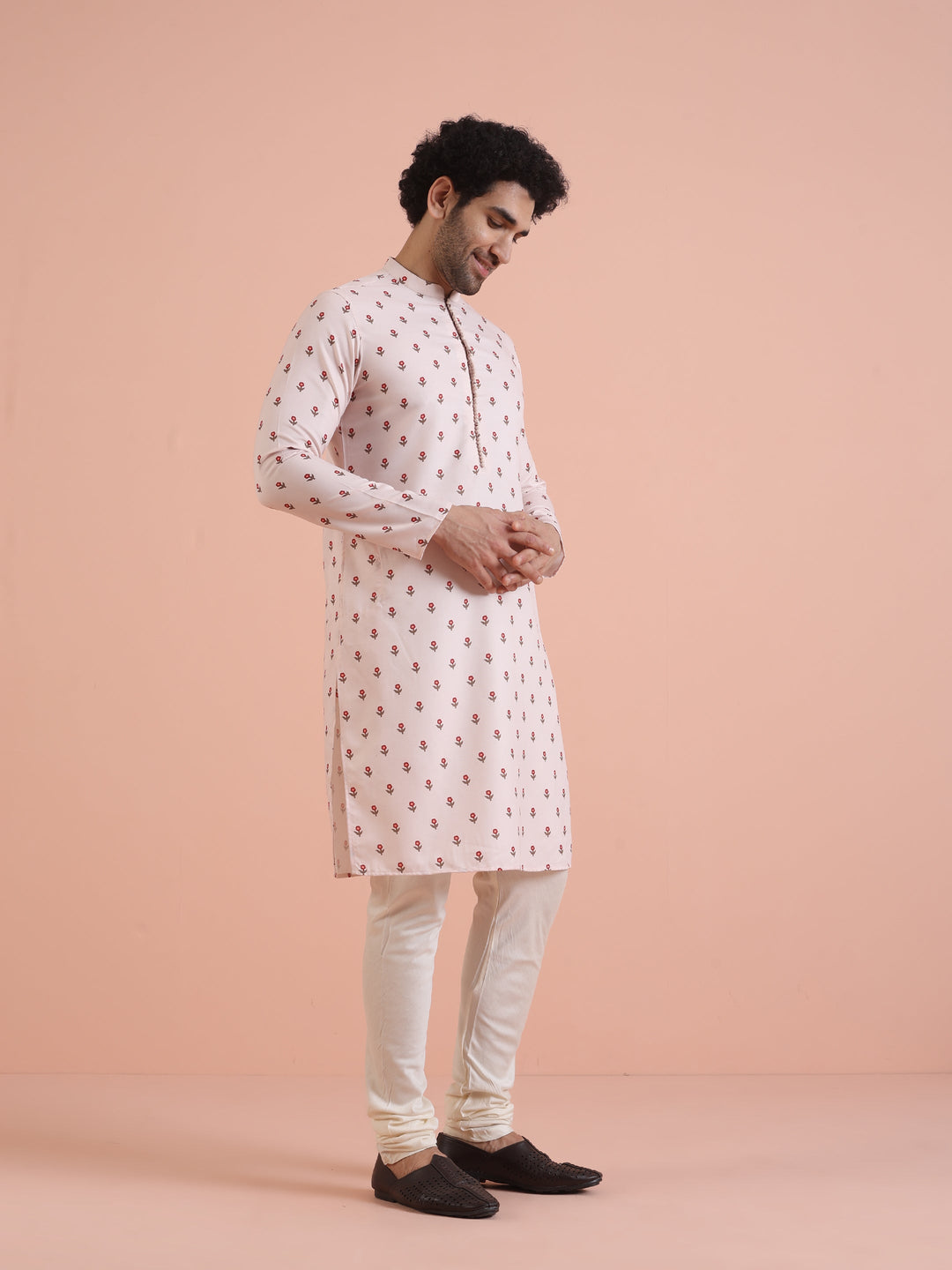 Men White Printed Floral Kurta Churidar Set | SHOBITAM
