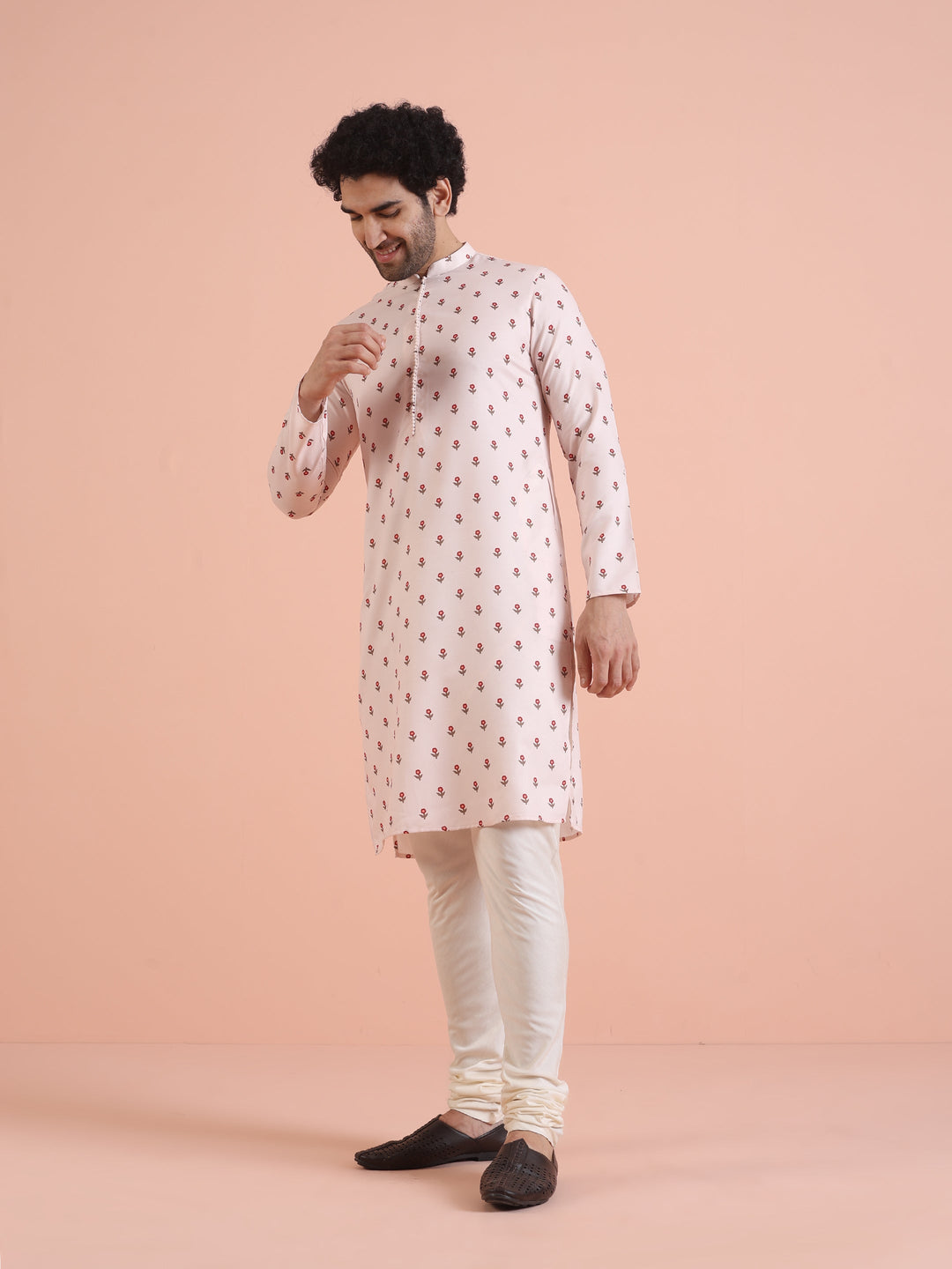 Men White Printed Floral Kurta Churidar Set | SHOBITAM