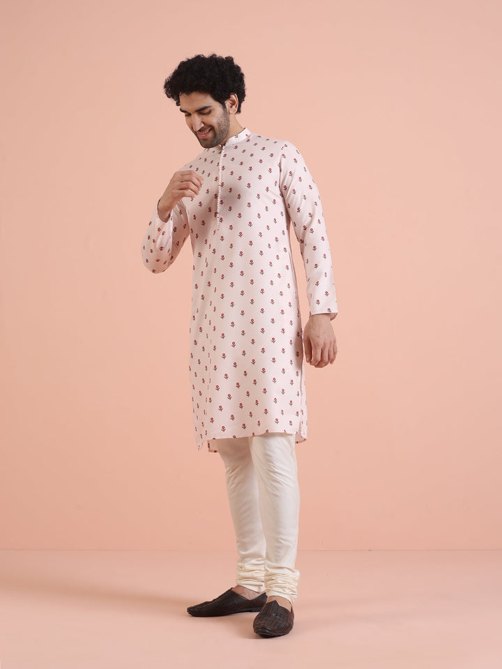 Men White Printed Floral Kurta Churidar Set | SHOBITAM