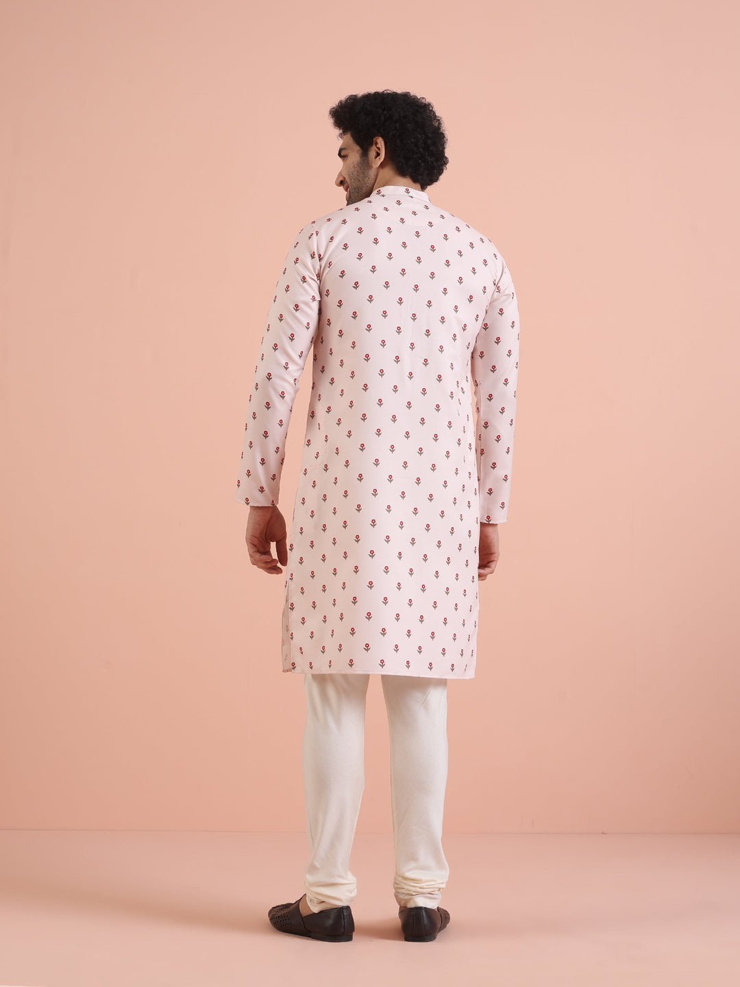 Men White Printed Floral Kurta Churidar Set | SHOBITAM