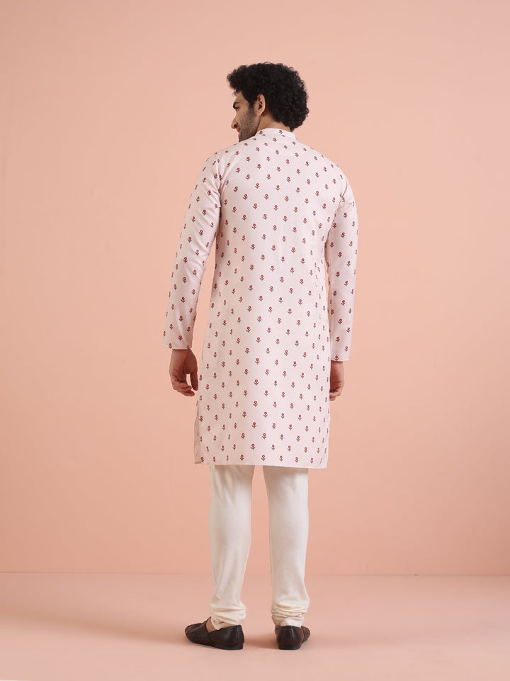 Men White Printed Floral Kurta Churidar Set | SHOBITAM