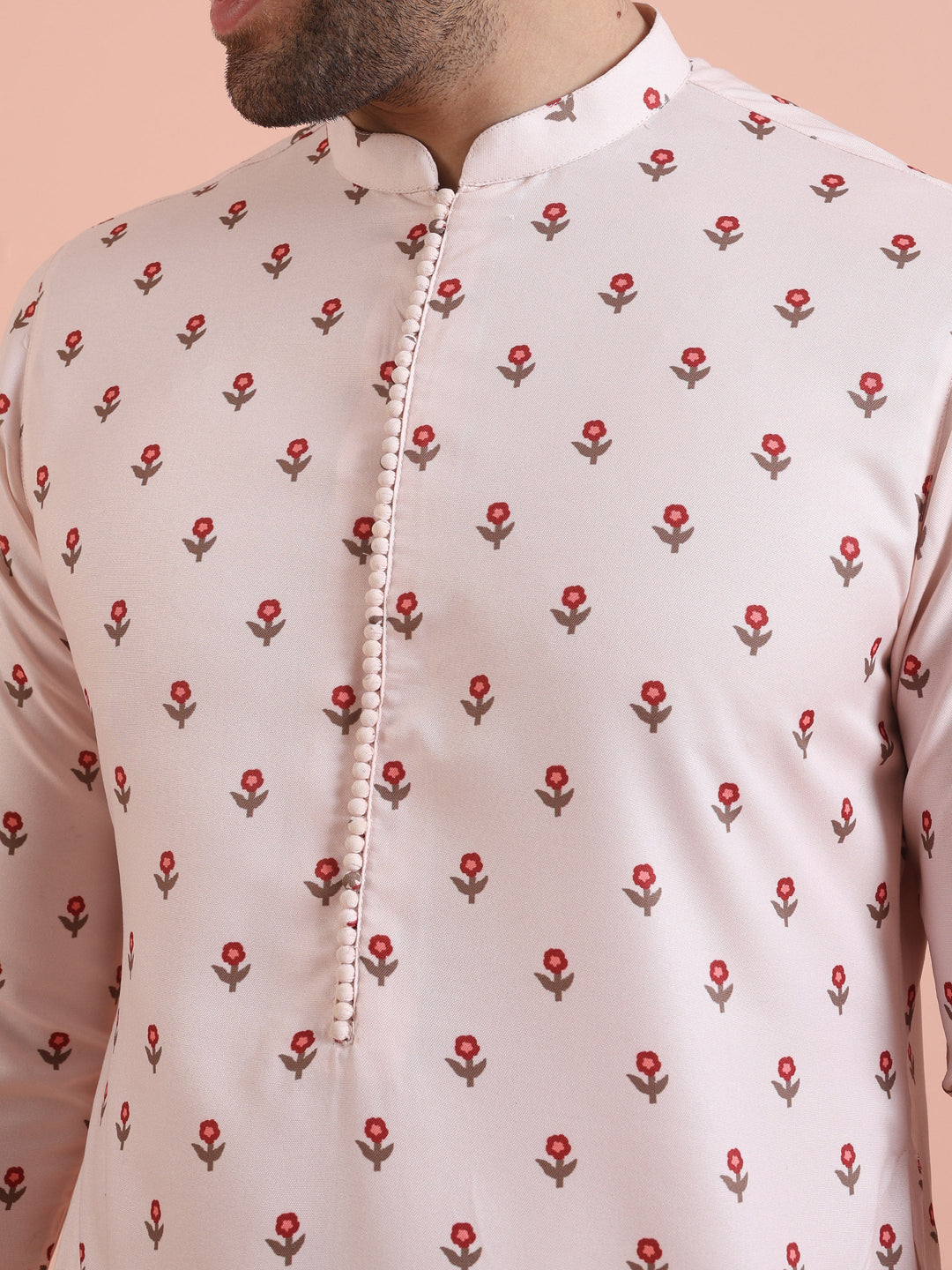 Men White Printed Floral Kurta Churidar Set | SHOBITAM