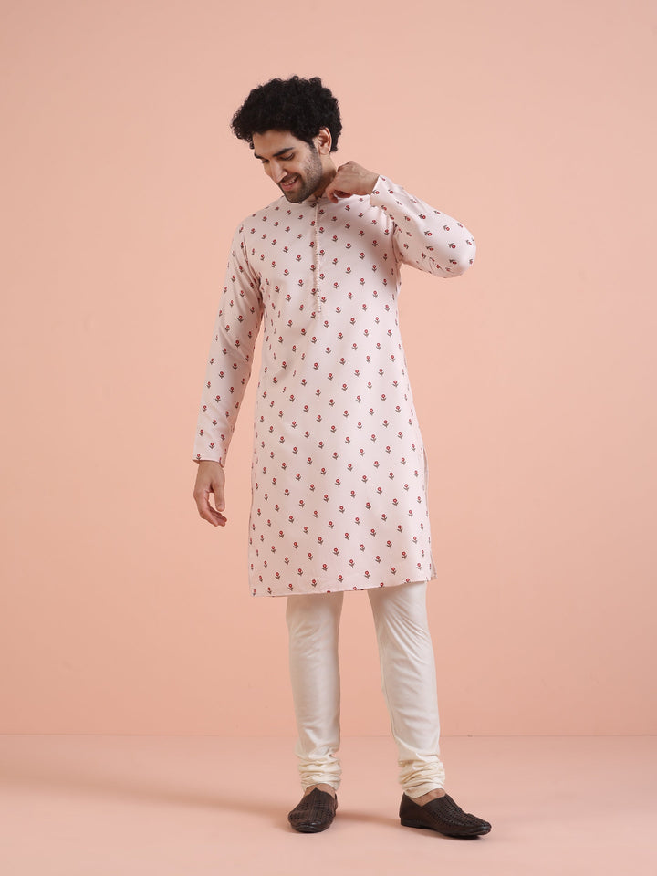 Men White Printed Floral Kurta Churidar Set | SHOBITAM