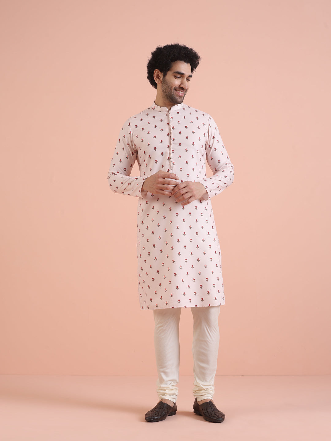 Men White Printed Floral Kurta Churidar Set | SHOBITAM