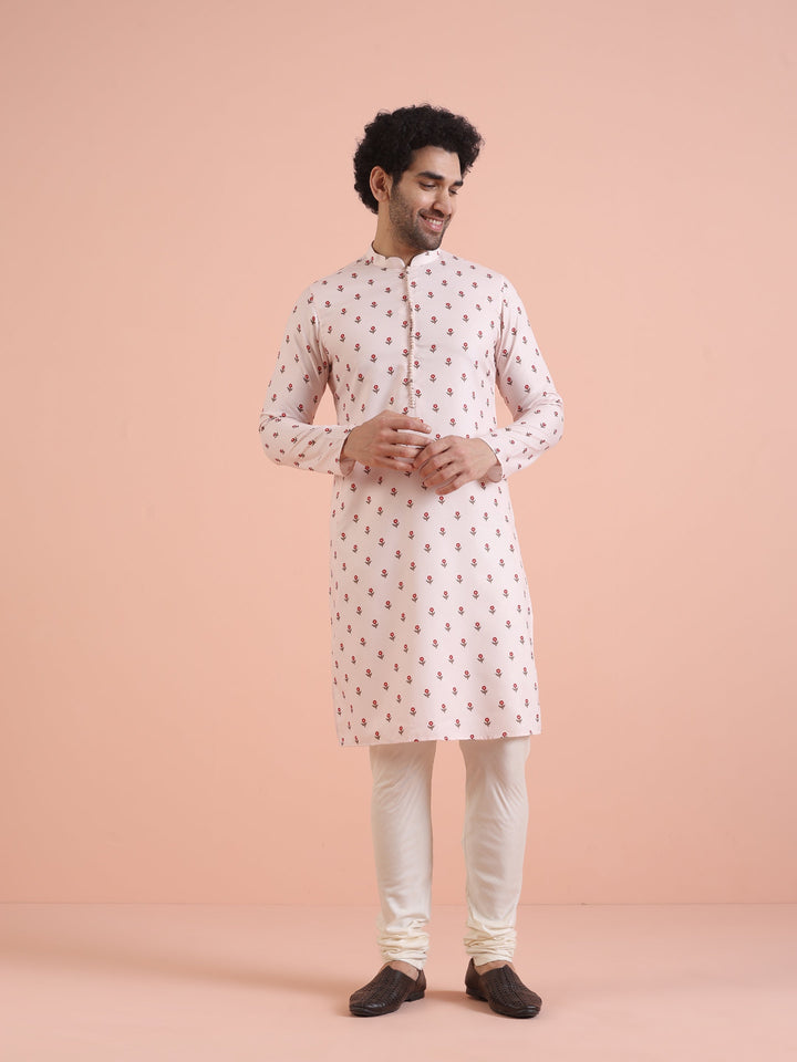 Men White Printed Floral Kurta Churidar Set | SHOBITAM
