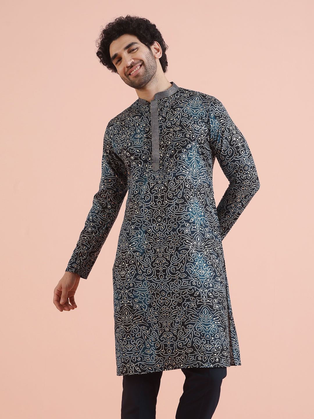 Black Printed Motif Silk Blend Kurta | SHOBITAM