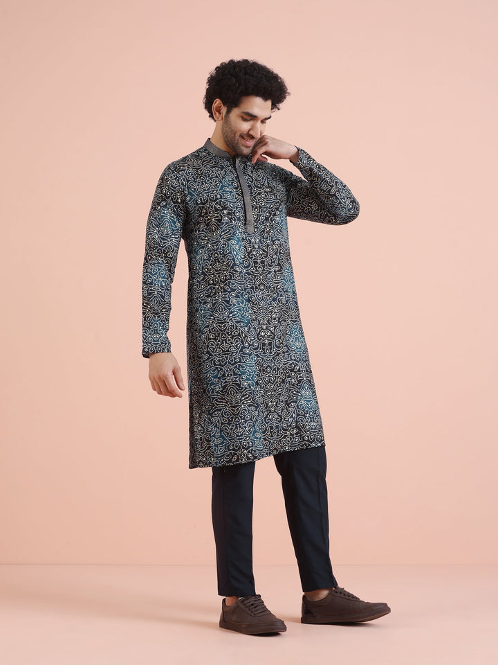 Black Printed Motif Silk Blend Kurta | SHOBITAM