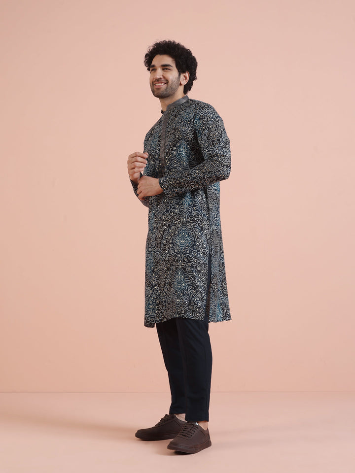 Black Printed Motif Silk Blend Kurta | SHOBITAM