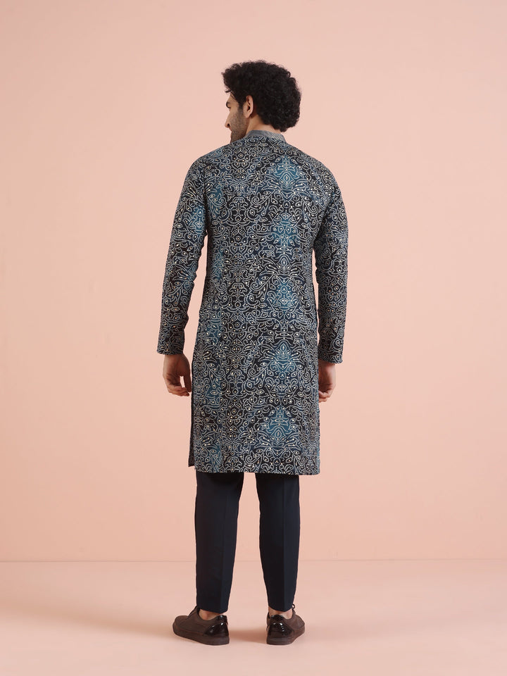 Black Printed Motif Silk Blend Kurta | SHOBITAM
