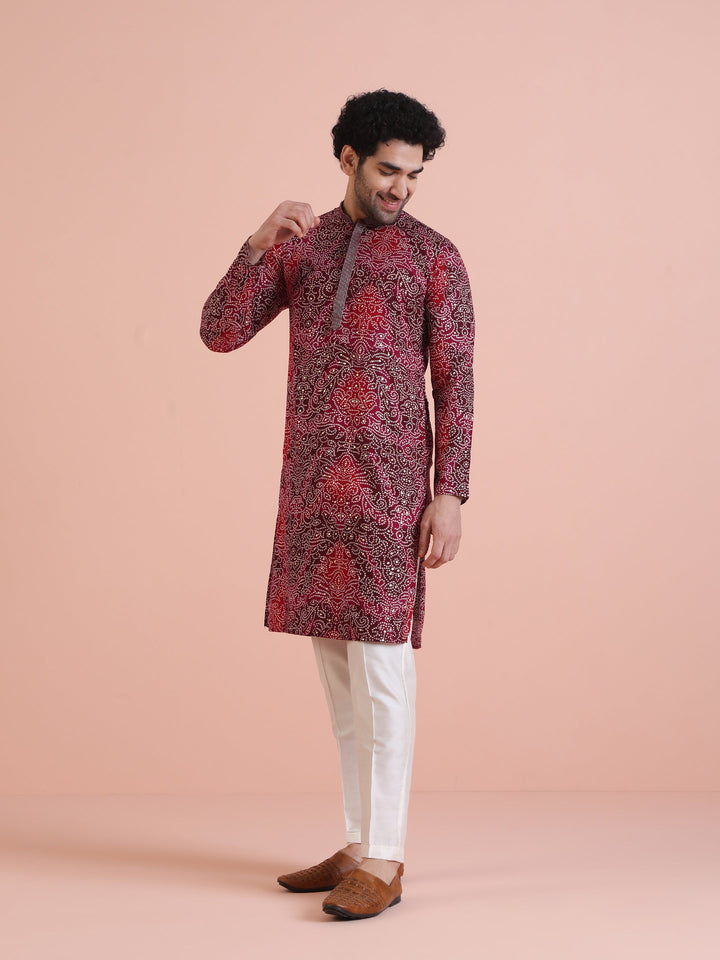 Red Cotton Silk Printed Kurta | SHOBITAM