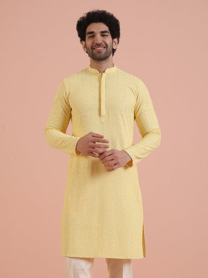 Men Yellow Embroidered Thread Work Kurta | SHOBITAM
