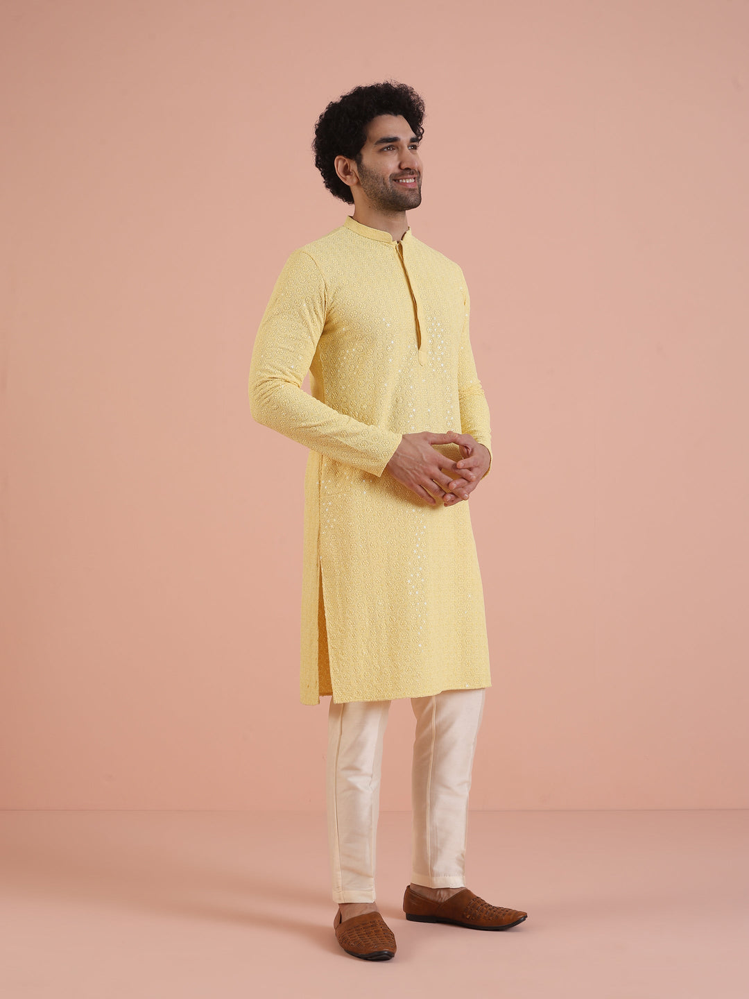 Men Yellow Embroidered Thread Work Kurta | SHOBITAM