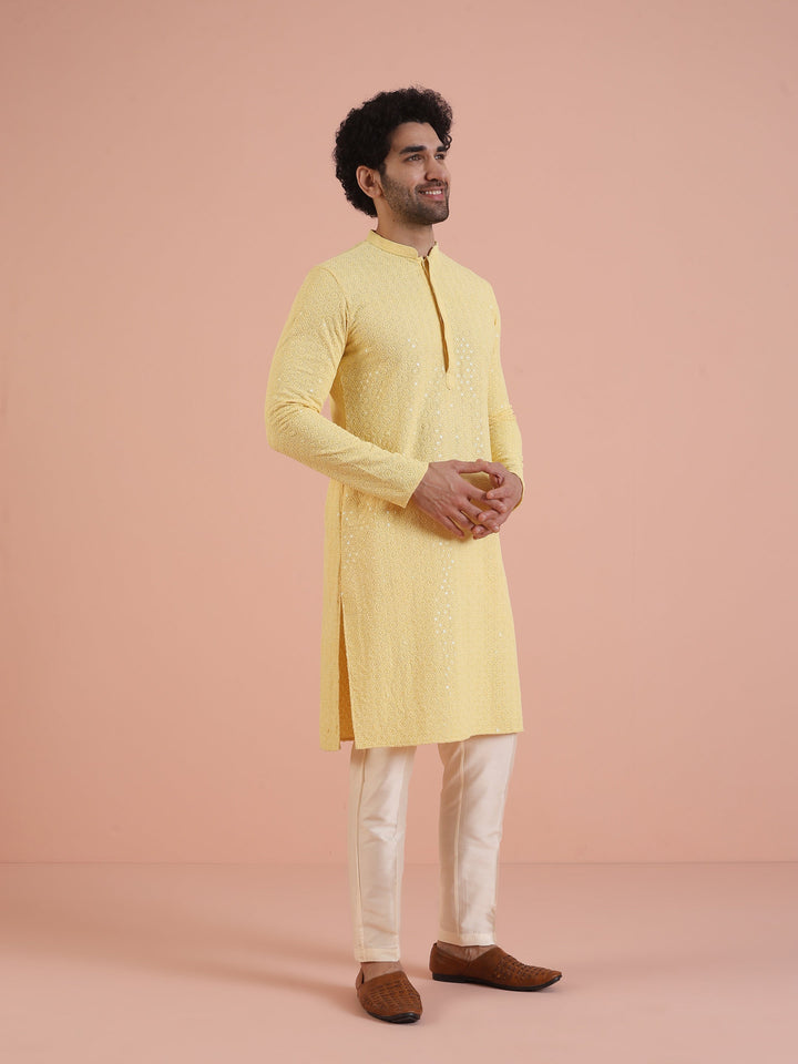 Men Yellow Embroidered Thread Work Kurta | SHOBITAM