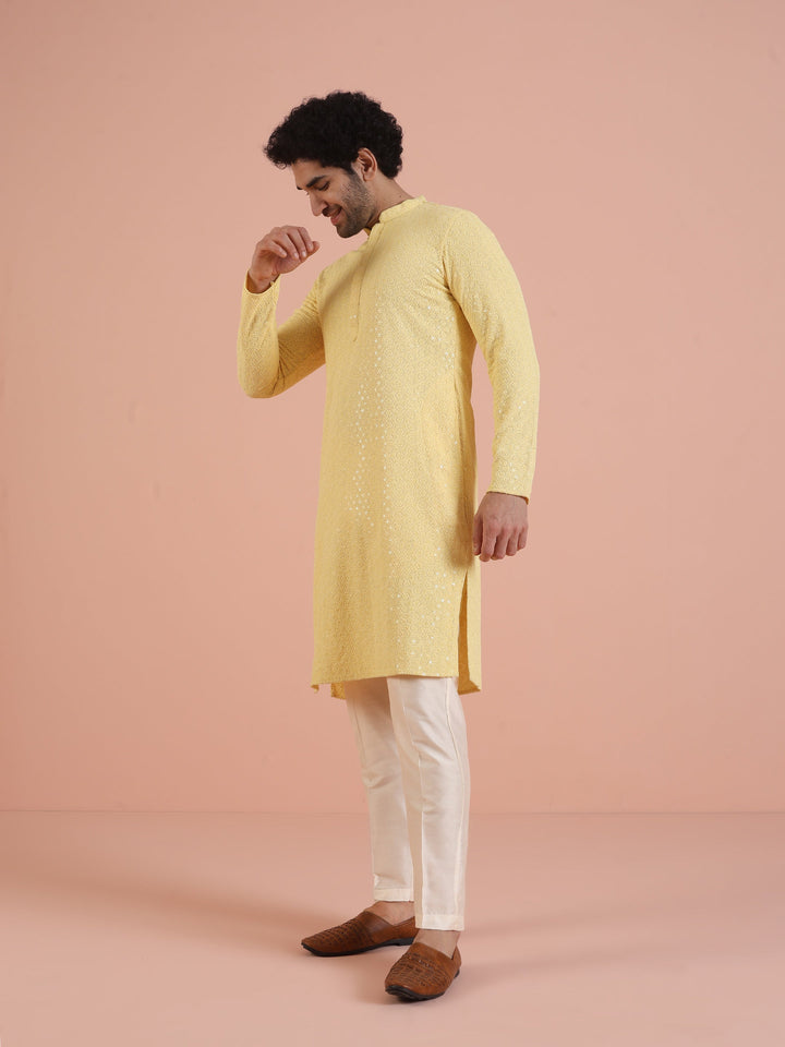 Men Yellow Embroidered Thread Work Kurta | SHOBITAM