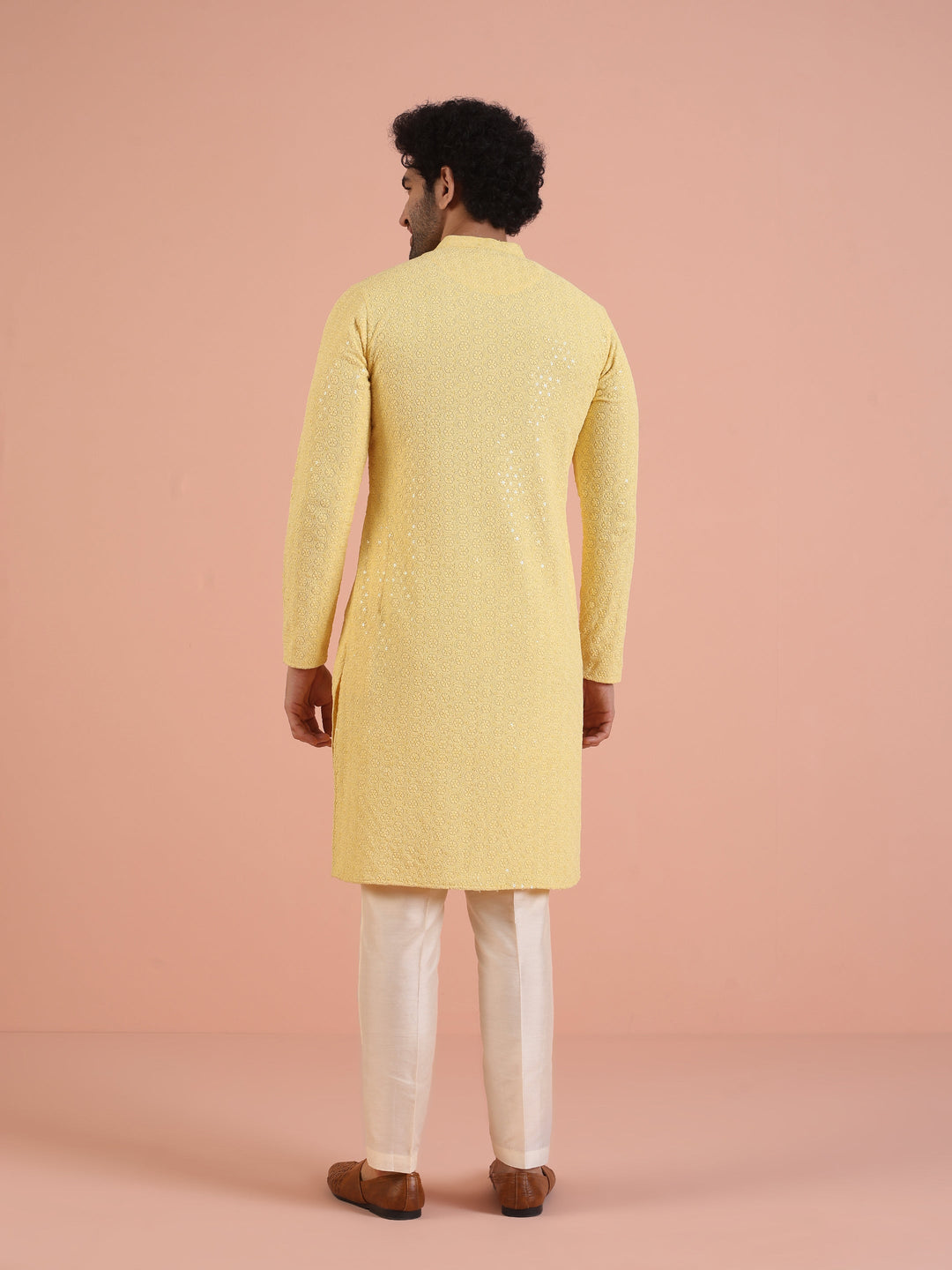 Men Yellow Embroidered Thread Work Kurta | SHOBITAM