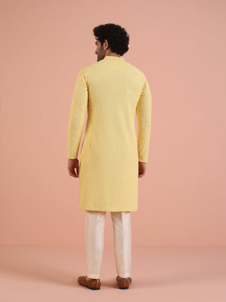 Men Yellow Embroidered Thread Work Kurta | SHOBITAM