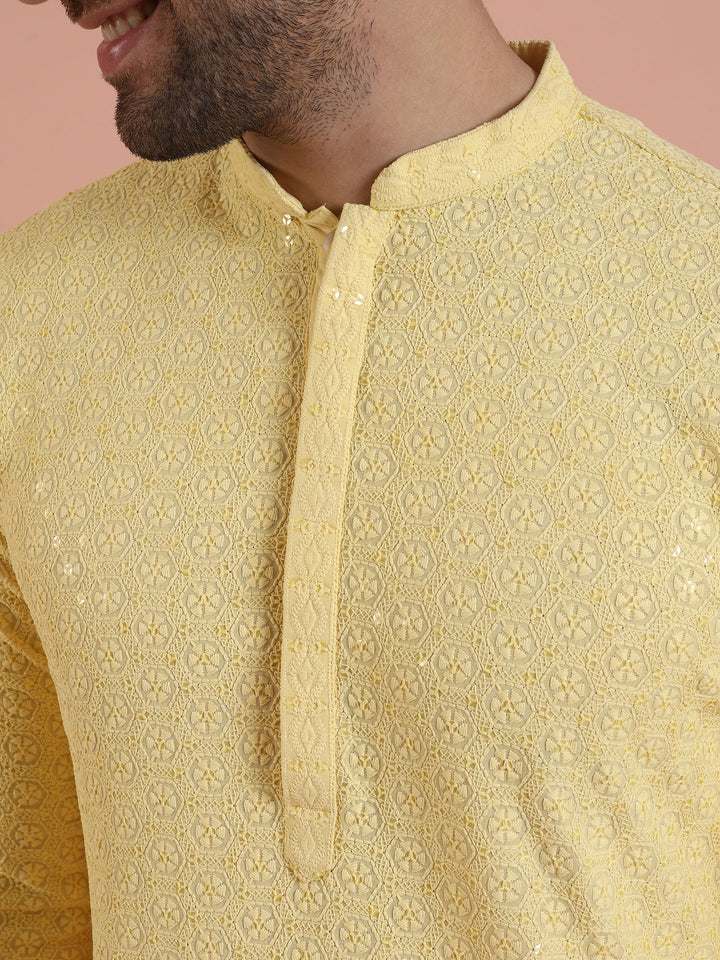 Men Yellow Embroidered Thread Work Kurta | SHOBITAM