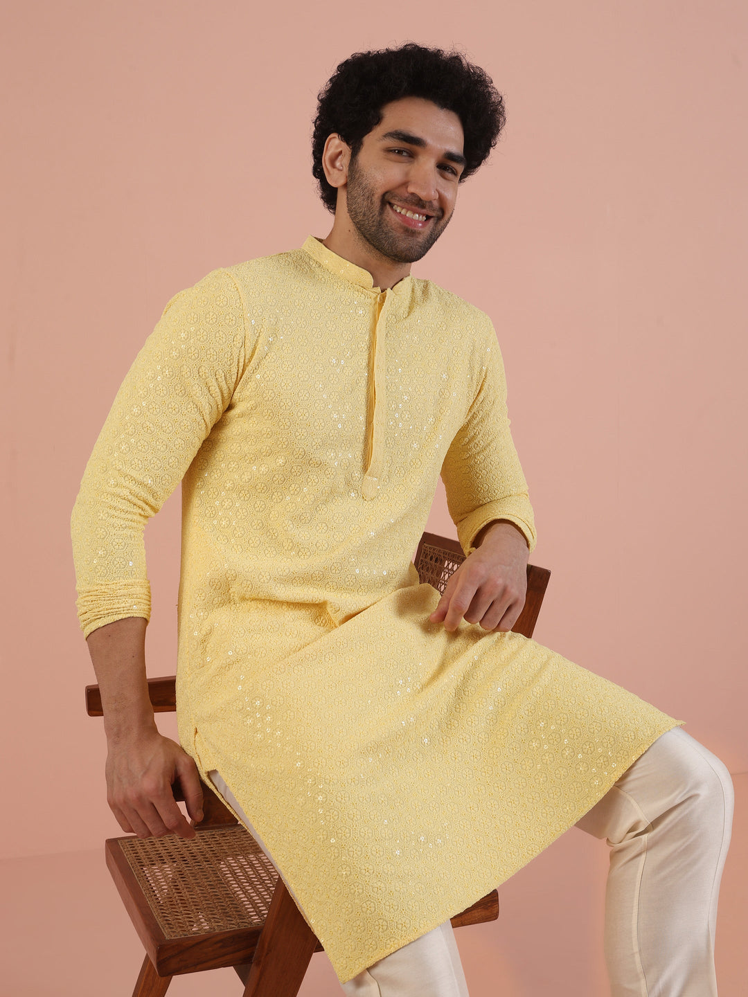 Men Yellow Embroidered Thread Work Kurta | SHOBITAM