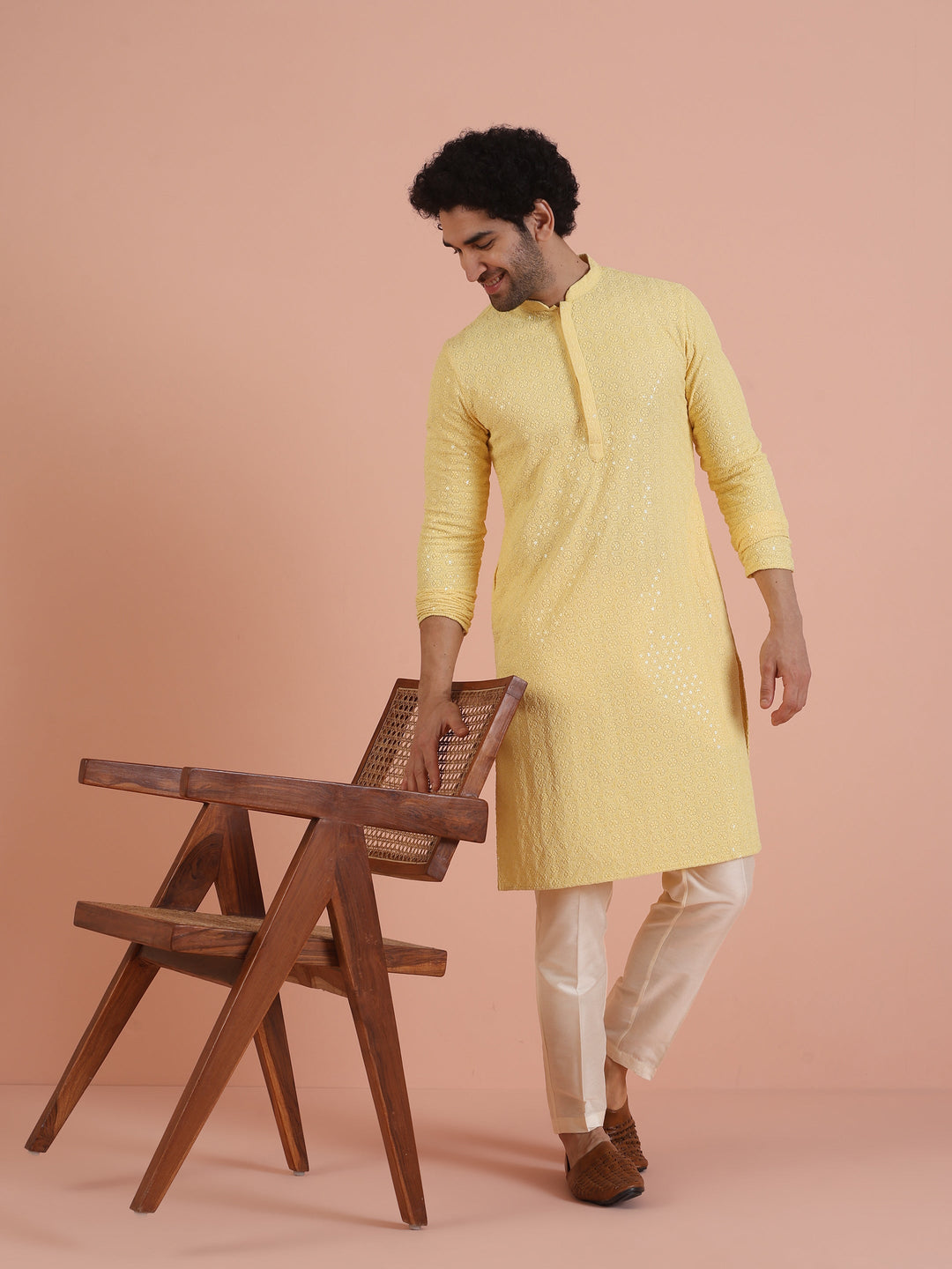 Men Yellow Embroidered Thread Work Kurta | SHOBITAM