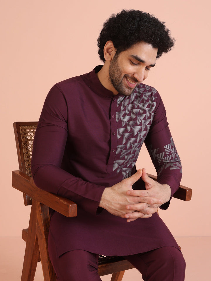 Men Wine Printed Geometric Kurta | SHOBITAM