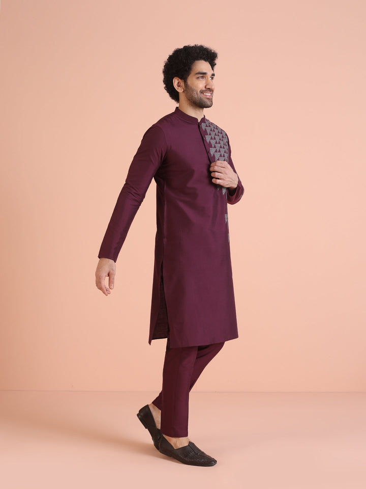 Men Wine Printed Geometric Kurta | SHOBITAM