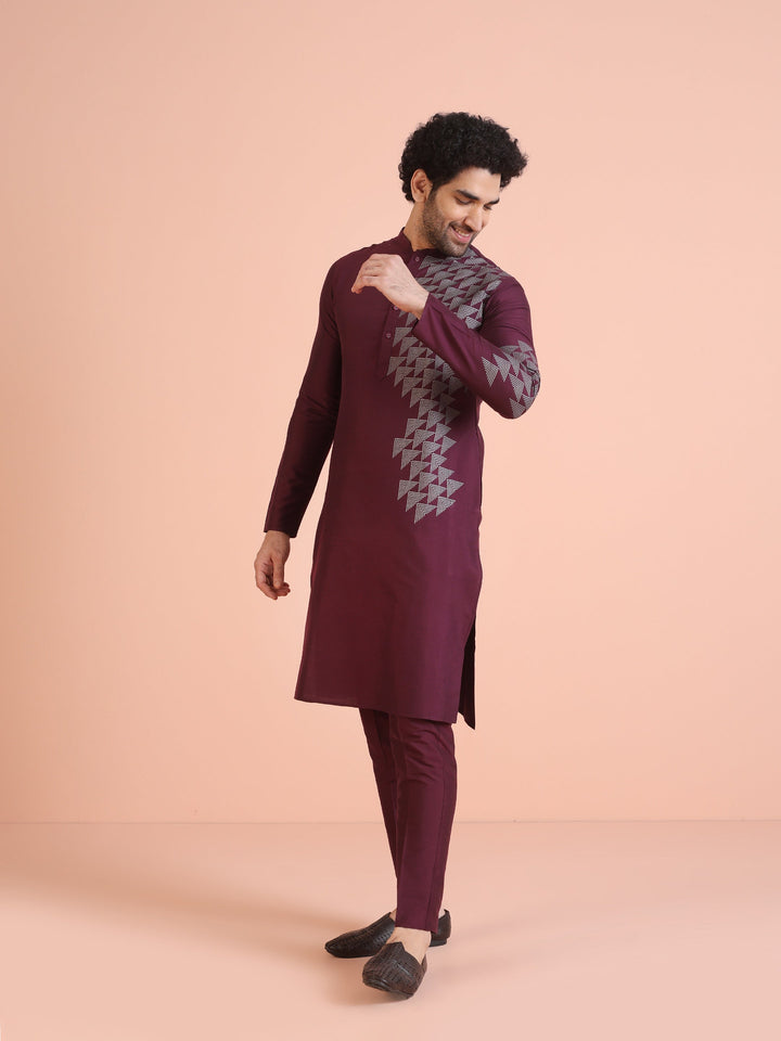 Men Wine Printed Geometric Kurta | SHOBITAM