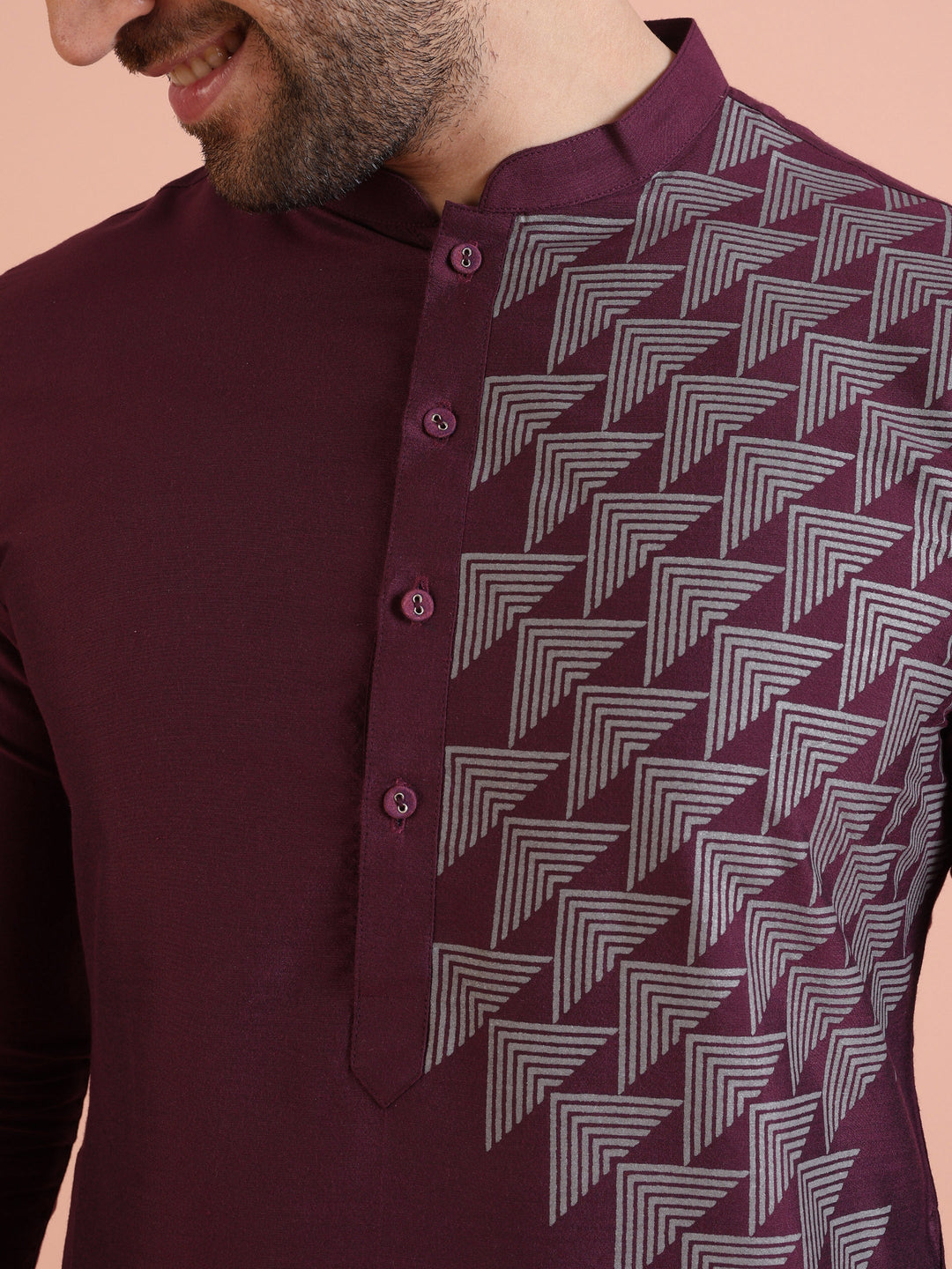 Men Wine Printed Geometric Kurta | SHOBITAM
