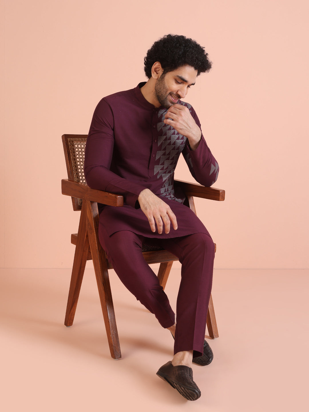 Men Wine Printed Geometric Kurta | SHOBITAM