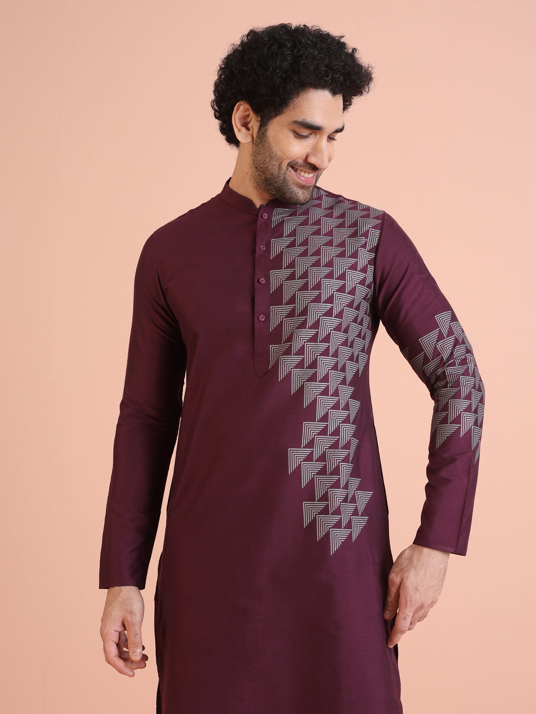 Men Wine Printed Geometric Kurta | SHOBITAM