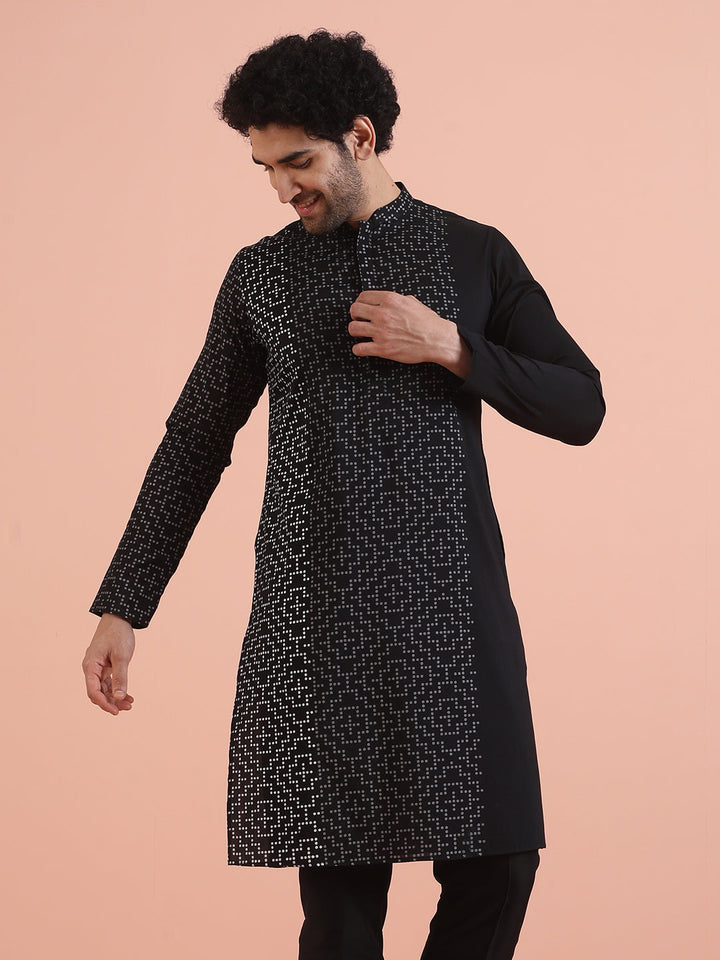 Men Black Printed Geometric Kurta  | SHOBITAM