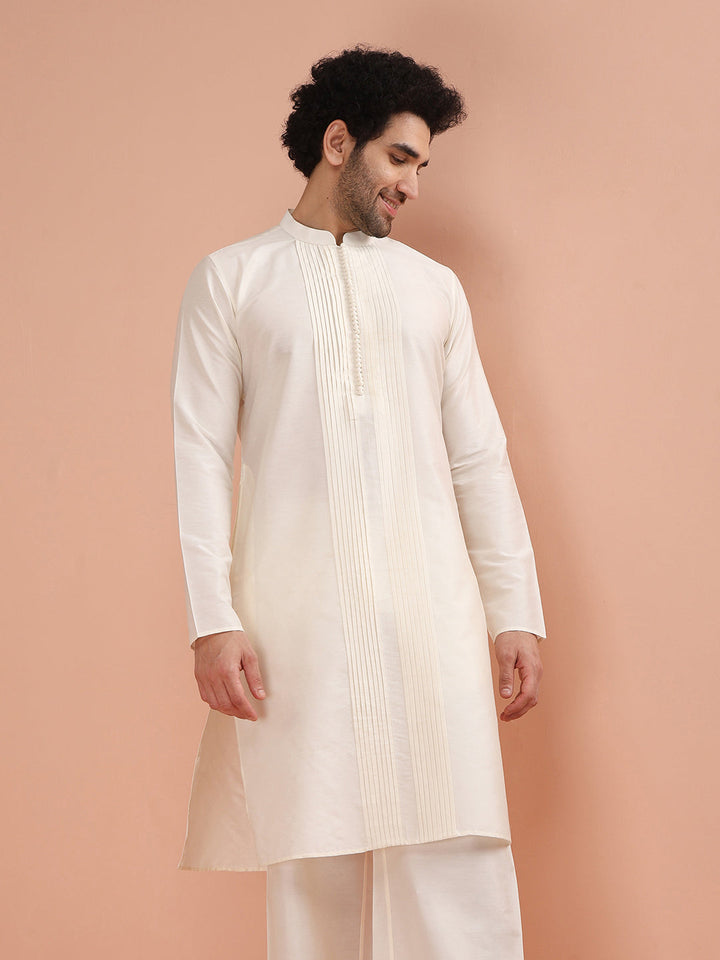 Cream Silk Blend Pintuck Solid Kurta  | SHOBITAM