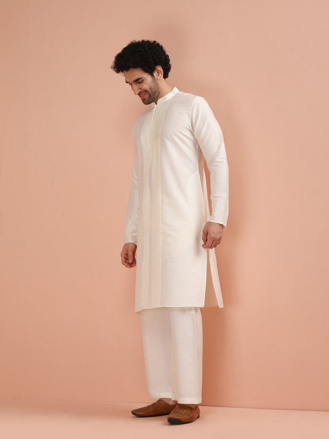 Cream Silk Blend Pintuck Solid Kurta  | SHOBITAM