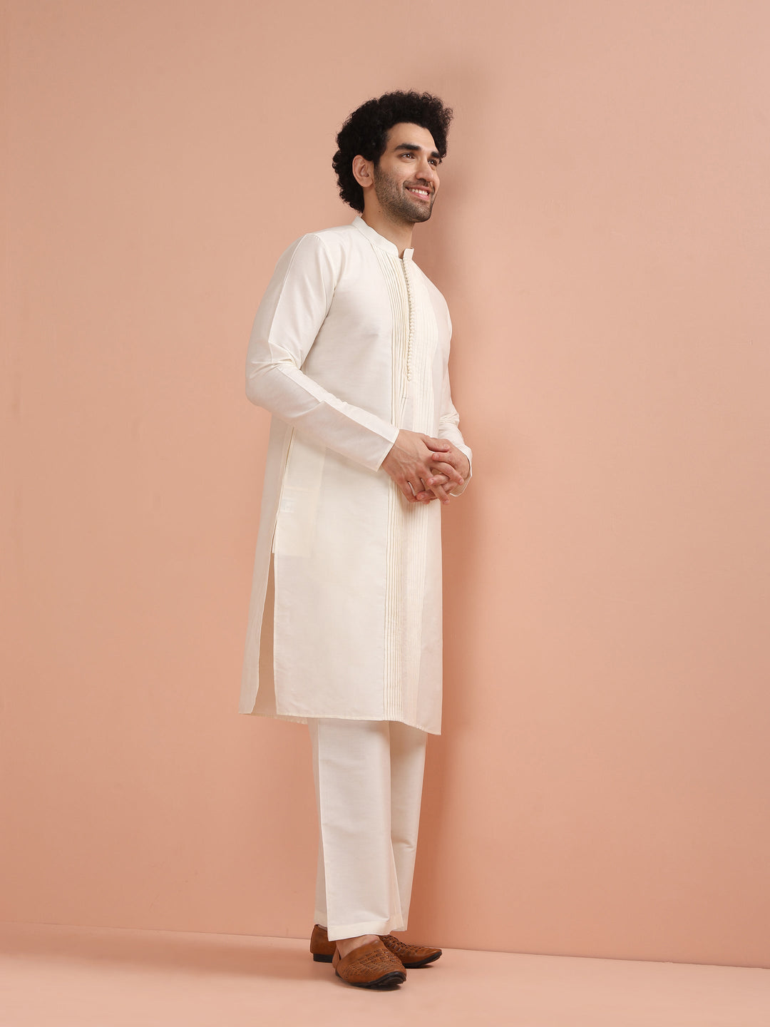 Cream Silk Blend Pintuck Solid Kurta  | SHOBITAM