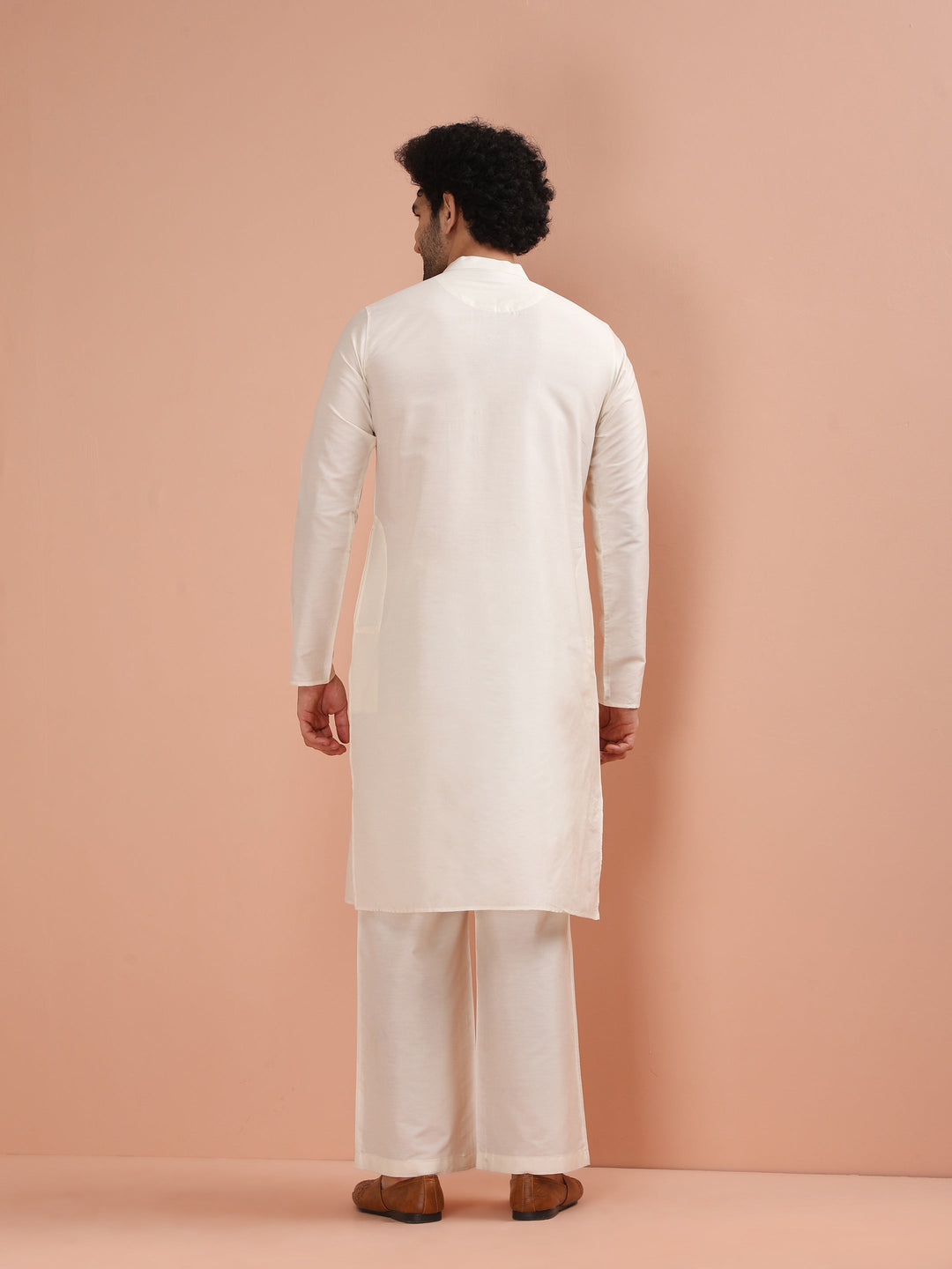 Cream Silk Blend Pintuck Solid Kurta  | SHOBITAM