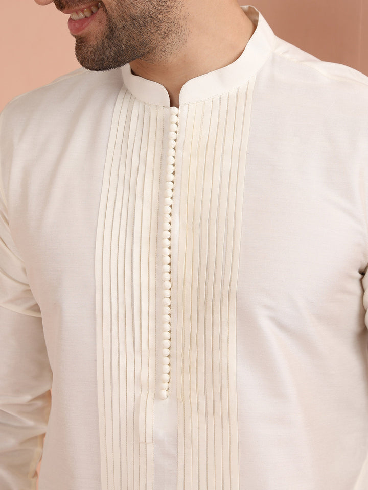 Cream Silk Blend Pintuck Solid Kurta  | SHOBITAM