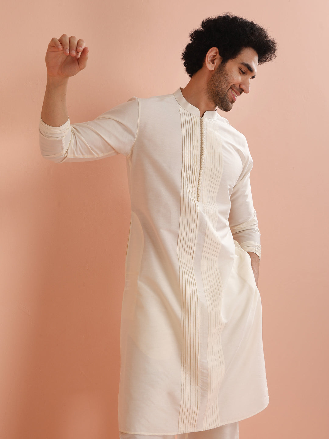 Cream Silk Blend Pintuck Solid Kurta  | SHOBITAM