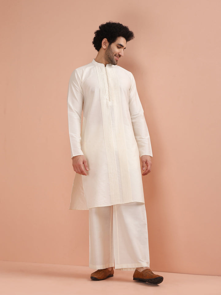 Cream Silk Blend Pintuck Solid Kurta  | SHOBITAM