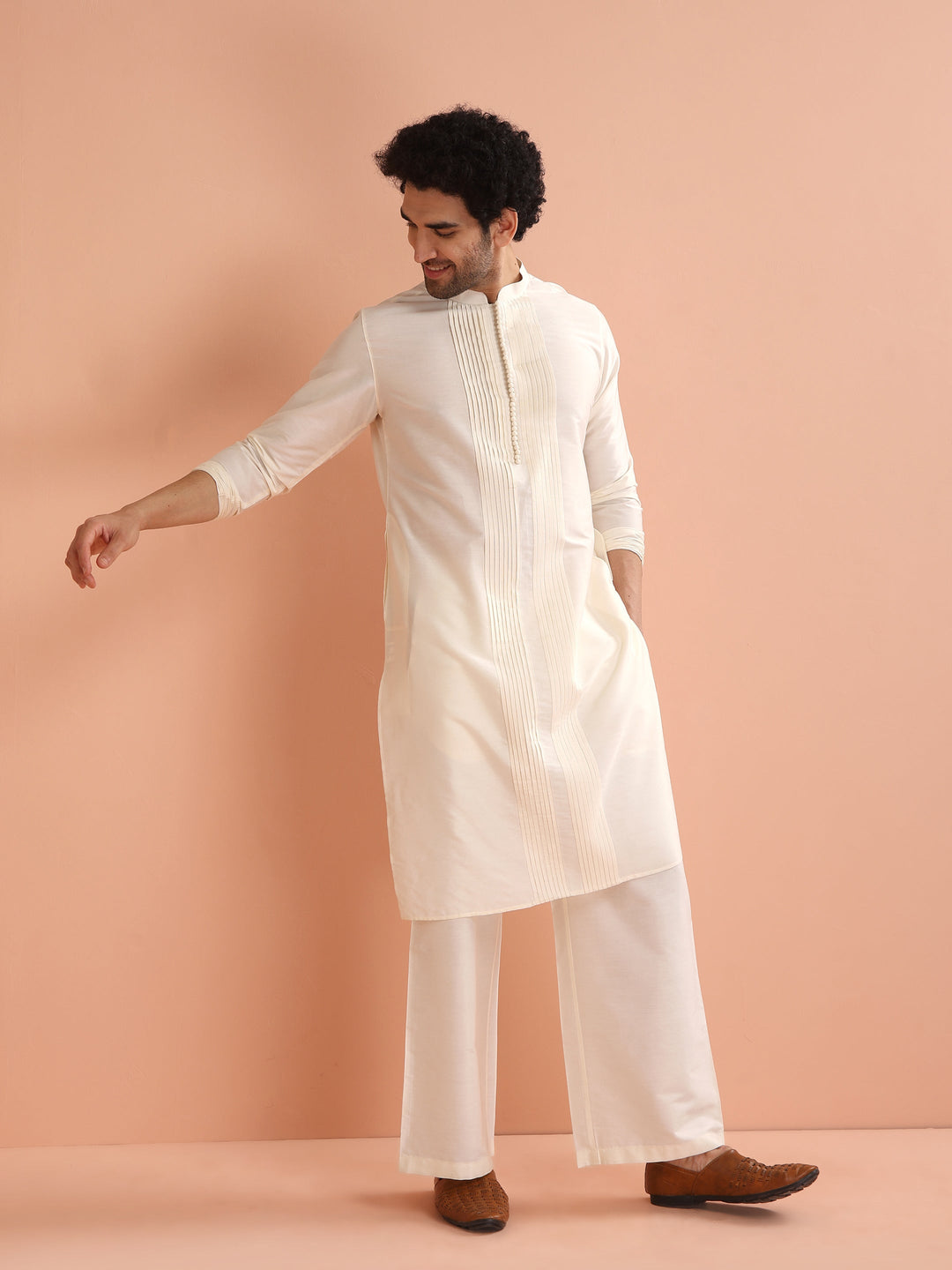 Cream Silk Blend Pintuck Solid Kurta  | SHOBITAM